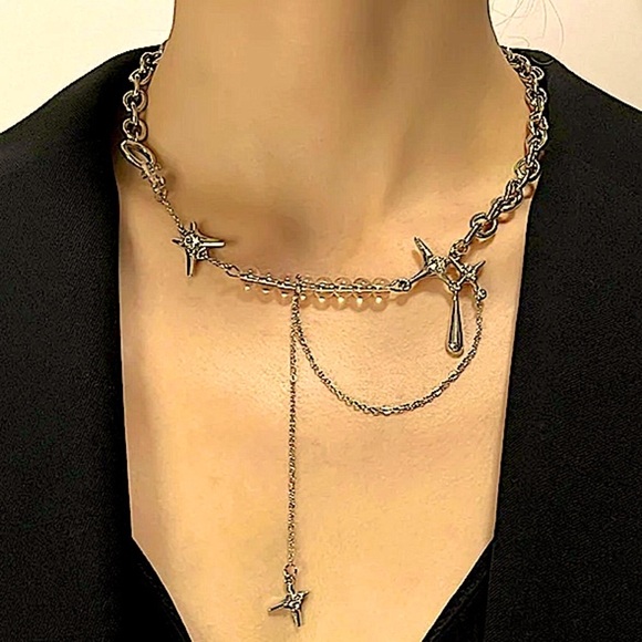 Silver North Star Beaded Chain Link Punk Necklace - Picture 6 of 13